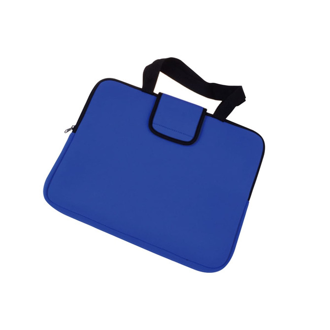 A blue Deluxe Laptop Bag with black accents and a handle, featuring a zip closure and a flap.