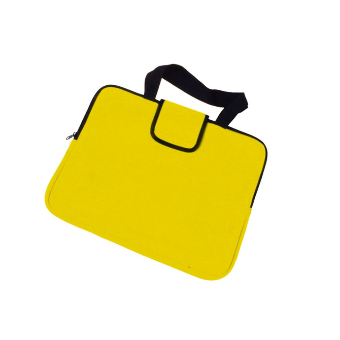 A yellow deluxe laptop bag with black accents and a carrying handle, featuring a zip closure and a logo.