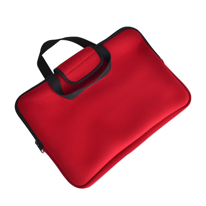 A red laptop bag with a black zipper and handle, featuring a sleek, smooth exterior. It has a logo on the side.