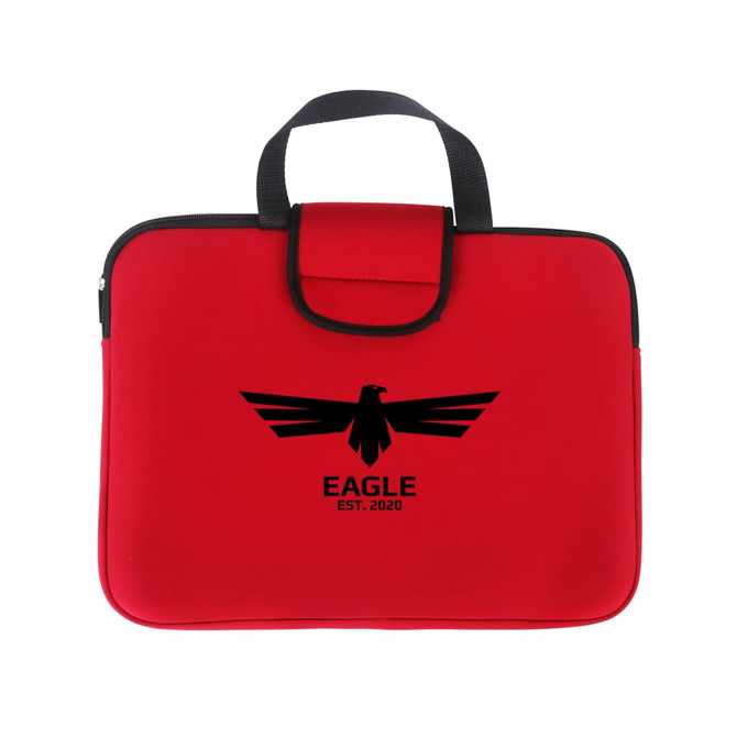A red laptop bag featuring a black logo with an eagle design and a top handle.