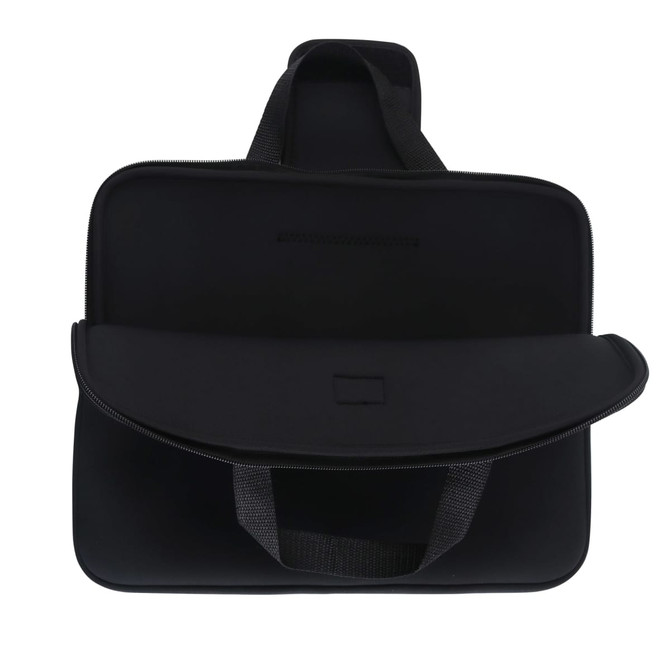 A black deluxe laptop bag with a top handle and a flap closure, featuring an interior pocket.