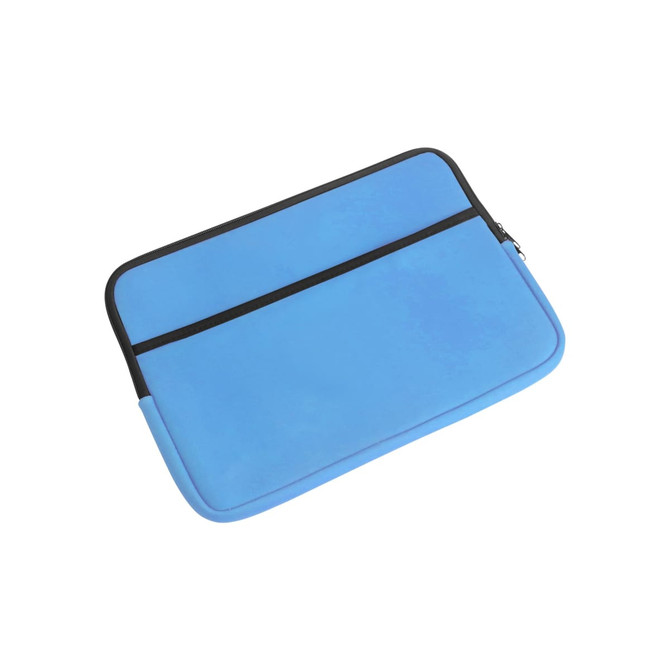 A blue laptop bag with a black zipper and two compartments for storage. Features a logo.