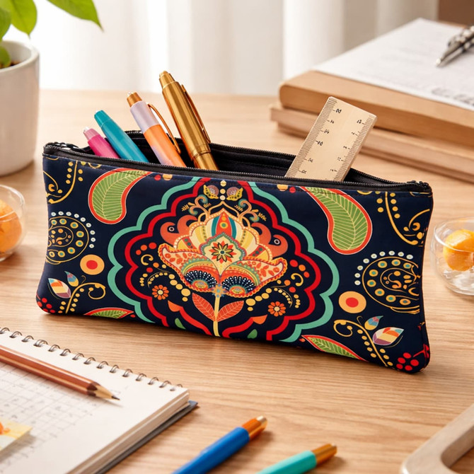 A brightly patterned neoprene pencil case in navy, filled with pens, a ruler, and sitting on a desk with stationery.