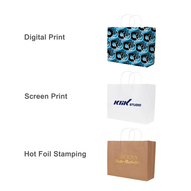 A kraft paper bag with a twisted handle, featuring various printed designs in blue, white, and brown.