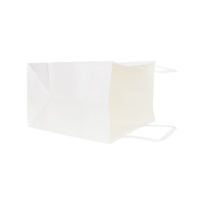 A white flat handle kraft paper bag with two handles, showcasing an open design.