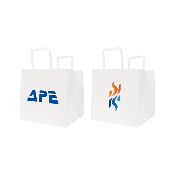 Flat handle kraft paper bag in white, featuring two side designs with logos. Dimensions: 250x250x250mm.