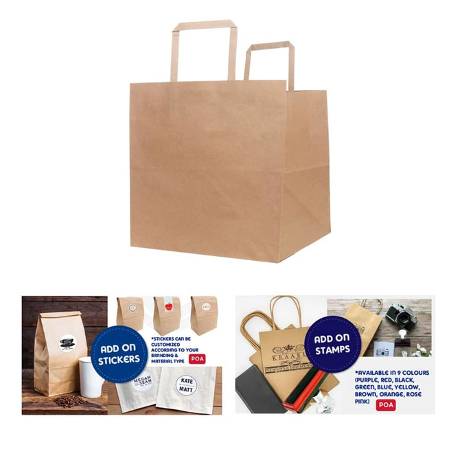 A flat handle kraft paper bag in a natural brown colour with two handles and a logo. Dimensions are 250x250x250mm.