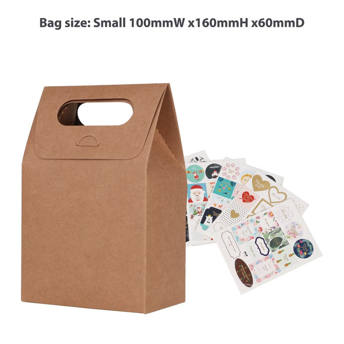 A brown die cut handle bag, measuring 100mm x 160mm x 60mm, with various stickers displayed beside it.