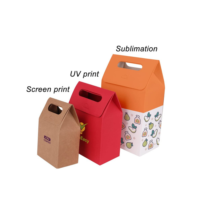 Three die-cut handle bags in varying sizes: one brown, one red, and one orange with a patterned design. Each has a logo.