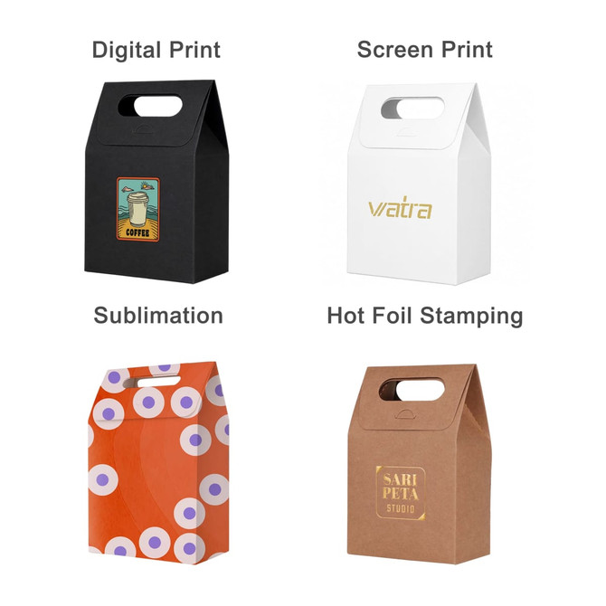 Four die cut handle bags in various colours and designs: black, white, orange with patterns, and brown, each with branding.