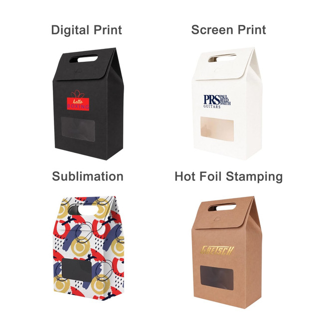 A range of die cut handle bags in black, white, patterned, and brown, featuring transparent windows and handles.
