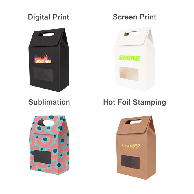 A range of die cut handle bags with windows in black, white, colourful patterns, and brown paper, featuring various printing designs.