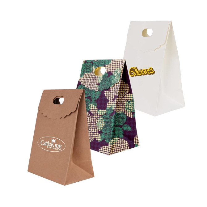 Three die cut handle bags with flaps in brown, floral pattern, and white, each featuring a logo.