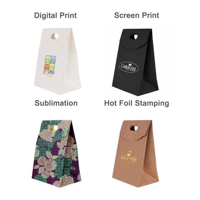 Die cut handle bags in white, black, dark green, and brown, featuring various print designs and a flap closure.