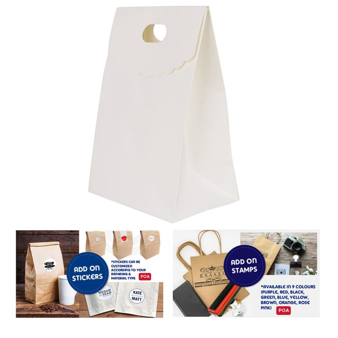 A white die cut handle bag with a flap, featuring a handle cut-out and a decorative top edge.