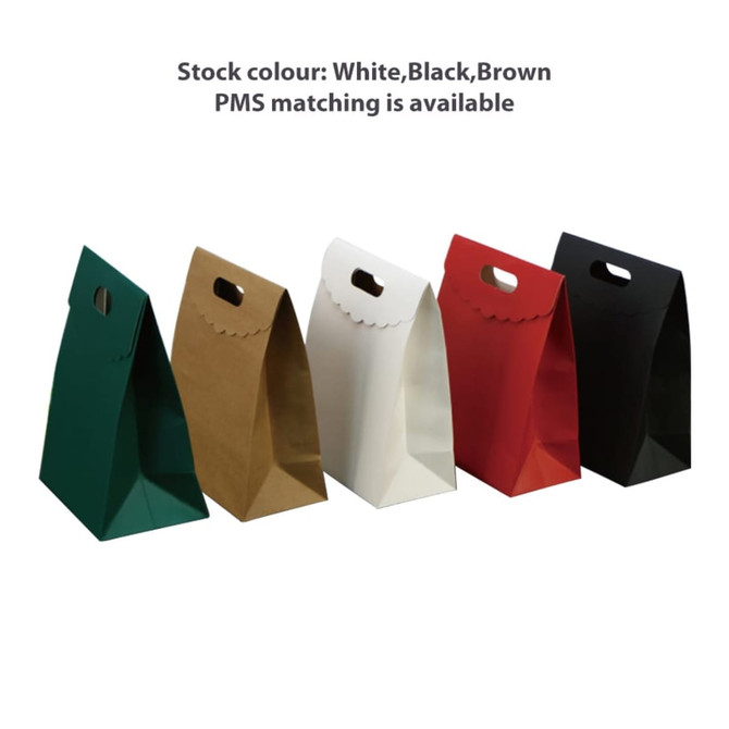 Die cut handle bags in green, brown, white, red, and black with a flap and handle cut-out. Each bag has a logo.