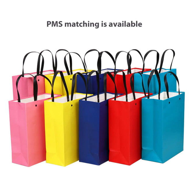 A collection of colourful gift bags in pink, yellow, blue, red, and navy, featuring black handles and a logo.