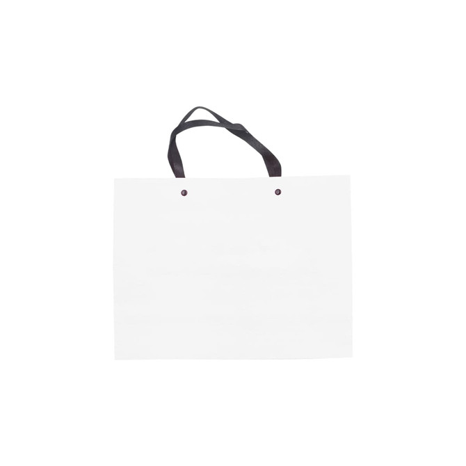 A white knitted handle bag with black straps, featuring a smooth lamination finish. It has a simple design and no visible branding.
