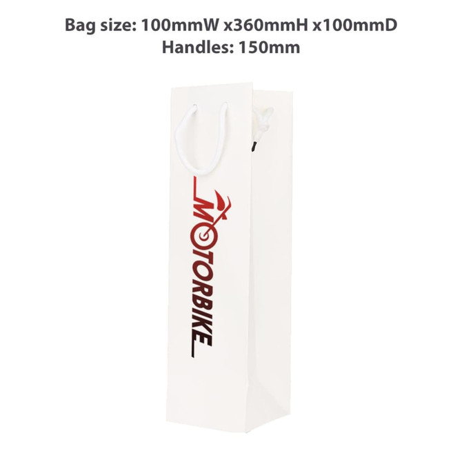 A wine bottle paper bag in white, featuring an integrated handle and a logo, measuring 100mm x 360mm x 100mm.