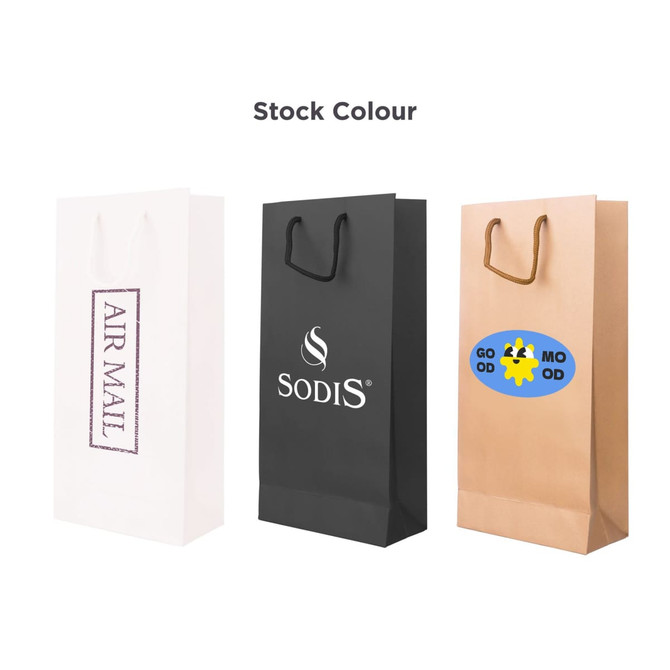 A drink bottle paper bag in white, black, and kraft brown with handles and various logos. Dimensions: 175x360x85mm.