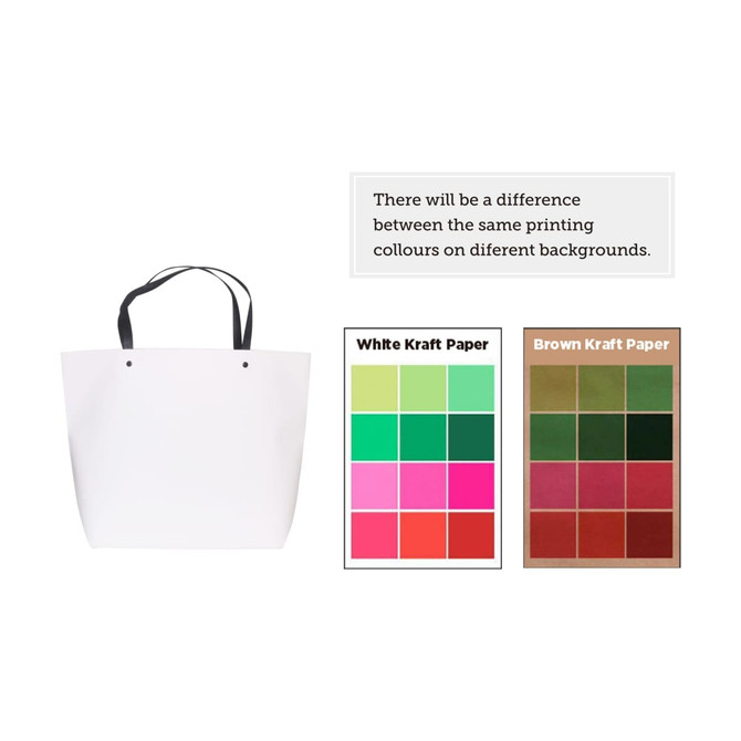 A medium white boutique paper bag with black handles. Includes colour swatches for printing options.