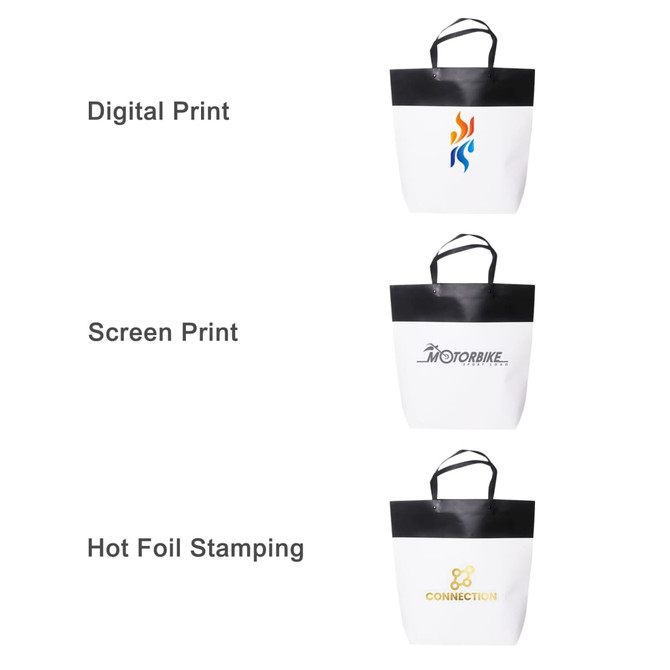 Three large black and white paper bags displayed, each showcasing different printing techniques and featuring a logo.