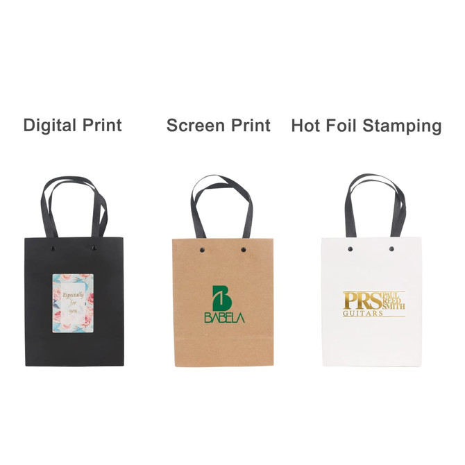 Three vertical paper bags feature knitted handles: a black bag, a brown bag with green text, and a white bag with gold text.