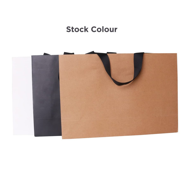 A medium paper bag with flat handles in brown, black, and white colours, featuring a logo.
