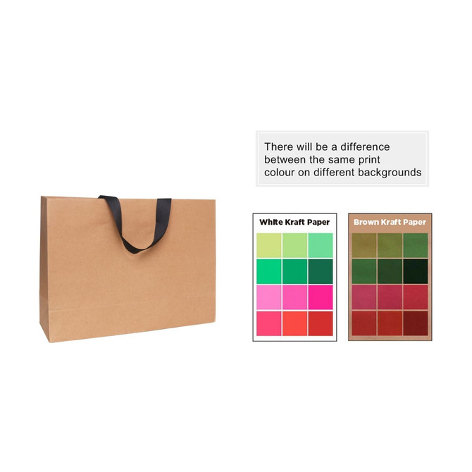 A large brown paper bag with a flat black handle, showcasing various print colour swatches beside it.
