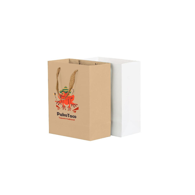 Two small vertical paper bags with rope handles; one is brown with a frog design, the other is plain white.