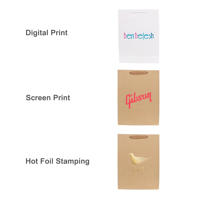 A small vertical paper bag in brown with a rope handle, featuring printed designs in various colours.