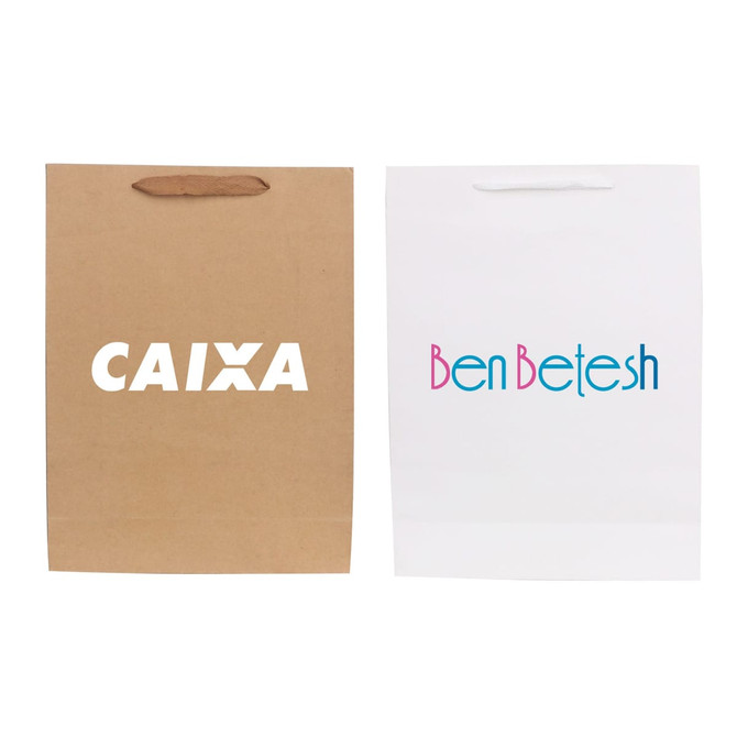 A medium vertical paper bag in brown and white with fabric flat handles, featuring logos on both sides.