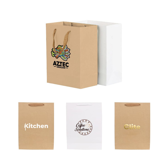 A medium vertical paper bag in brown with a fabric flat handle, featuring various designs and a white bag.