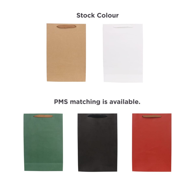 A medium vertical paper bag in brown, white, green, black, and red, featuring fabric flat handles. A logo is present.