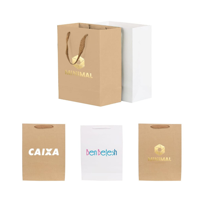 A large vertical paper bag in brown with fabric flat handles, alongside a white paper bag, both featuring logos.