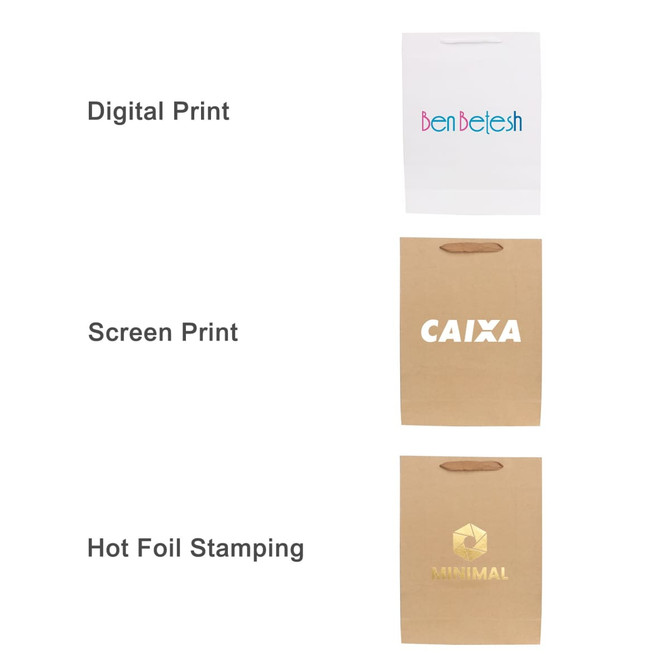 A large, brown paper bag with a fabric flat handle, featuring various printed designs and a logo.