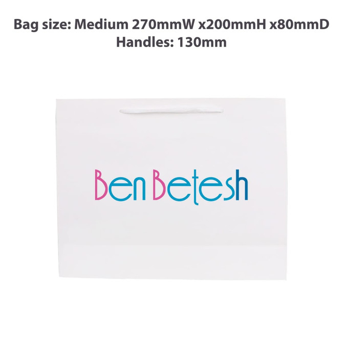 A medium white paper bag with fabric flat handles, featuring a colourful logo. Dimensions are 270mm wide, 200mm high, and 80mm deep.