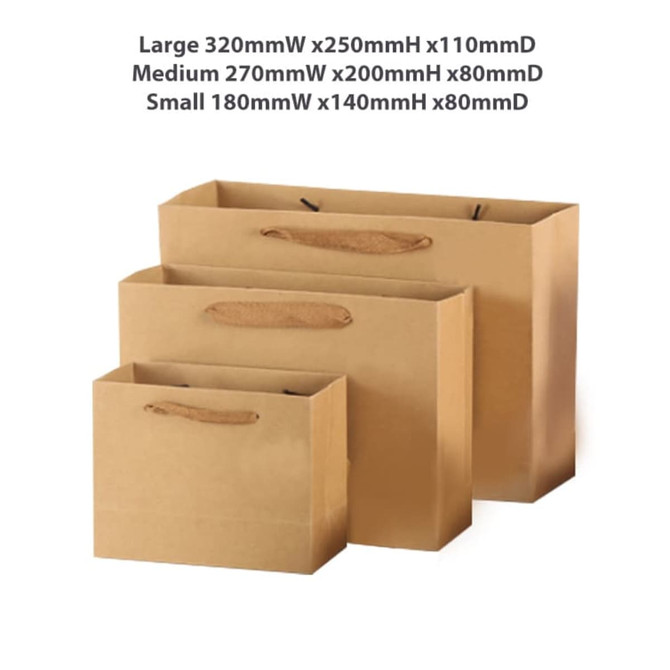 A large brown crosswise paper bag with a fabric flat handle, measuring 320 x 250 x 110 mm.