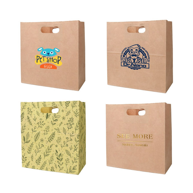 Four brown kraft paper bags with handles, featuring various printed designs and logos in blue and yellow.