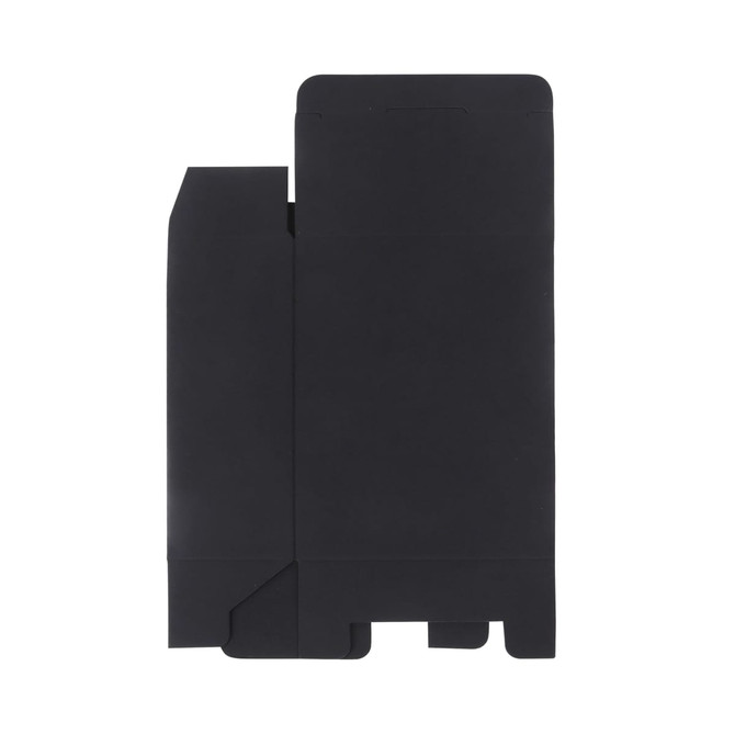 A small square black gift box with a flap design, featuring a simple logo on its surface.