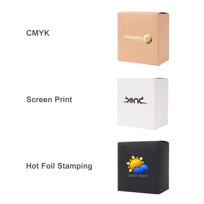 Three medium square gift boxes in kraft, white, and black, showcasing different printing techniques and a logo on one.