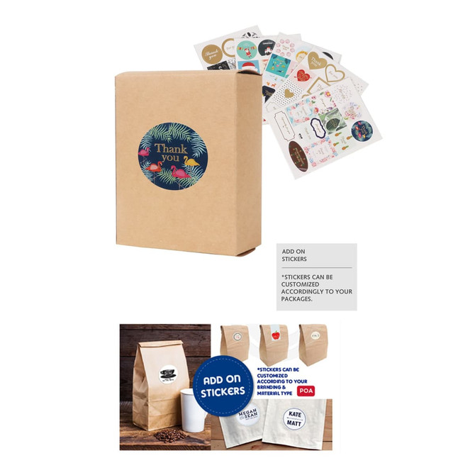 A large square gift box in natural brown with a circular logo, accompanied by various colourful stickers.