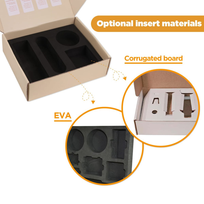 A subscription box with a brown exterior, featuring black EVA and corrugated board inserts for product organisation.
