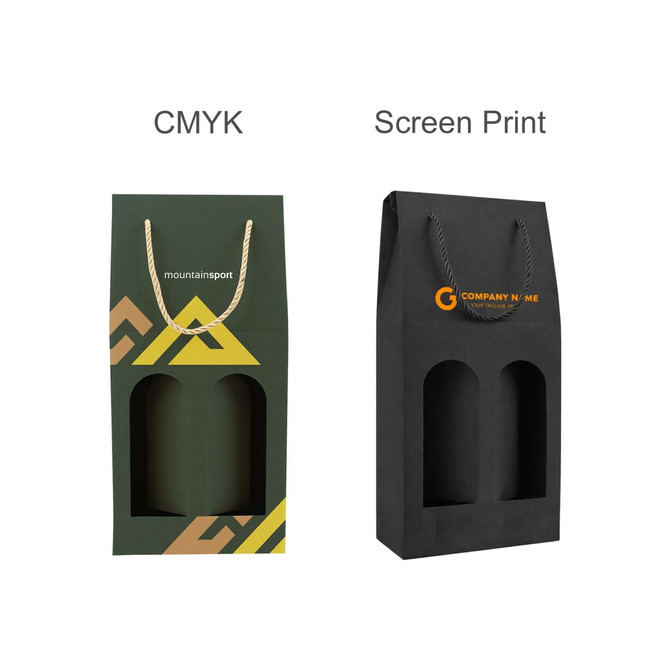 A double bottle wine box in green and black with a rope handle and openings for two bottles, featuring logos.