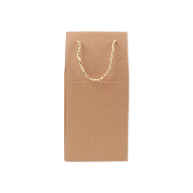 A brown kraft paper wine box with a rope handle, designed to hold two bottles. It features a simple, unbranded appearance.