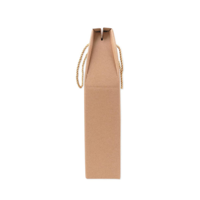 A drink bottle packaging made of brown cardboard with a rope handle, designed for holding two bottles.