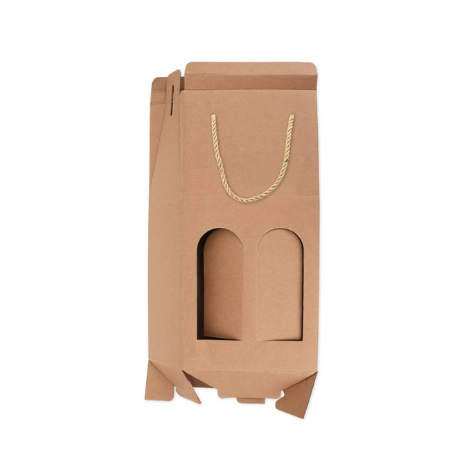 A drink bottle packaging box in brown, featuring a rope handle and cut-out sections for two bottles. It includes a logo.