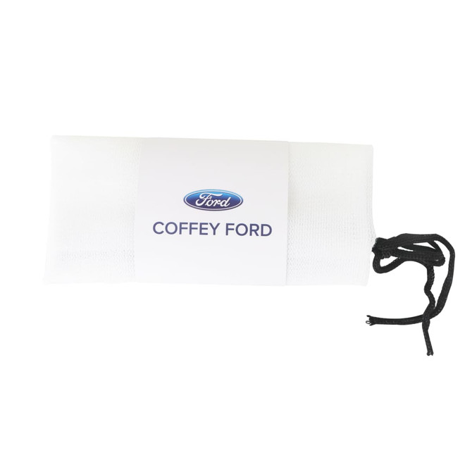 A white produce bag with a black drawstring and a branded label.