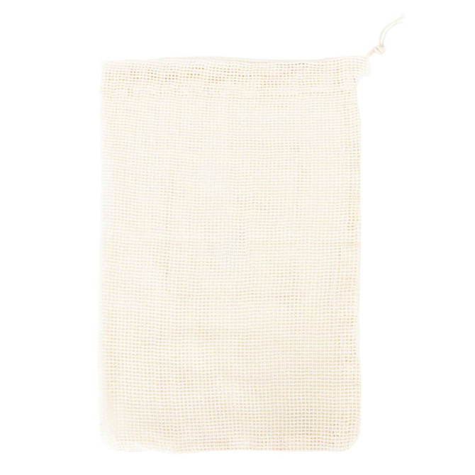 A cream-coloured organic cotton mesh bag with a drawstring closure, featuring a logo.