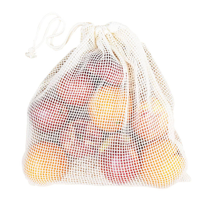 A white organic cotton mesh bag filled with vibrant apples in various colours. The bag has a drawstring closure and a logo.